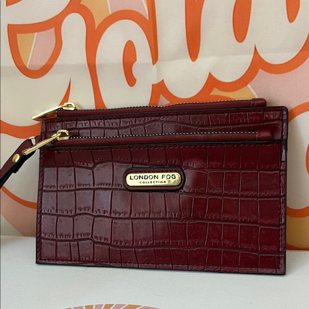 London Fog Maroon Croc-Embossed Wristlet